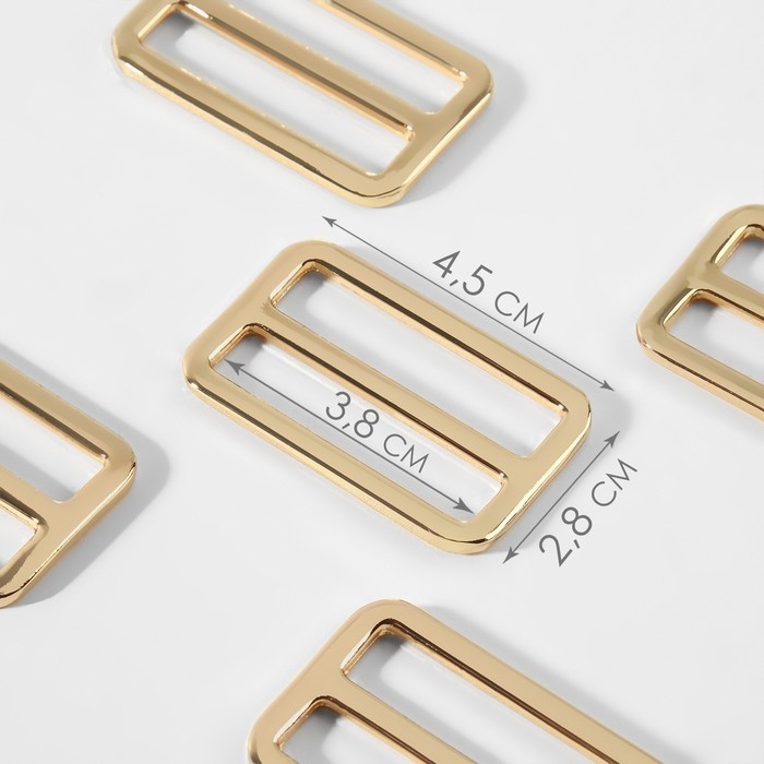 Пряжка регулирующая, двухщелевая, внутренняя ширина - 38 мм, толщина - 3,5 мм, 5 шт, цвет золотой Пряжка регулирующая, двухщелевая, внутренняя ширина - 38 мм, толщина - 3,5 мм, 5 шт, цвет золотой