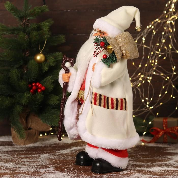 Дед Мороз  Дед Мороз "В белом костюмчике с орнаментом, с посохом" двигается, 20х50 см