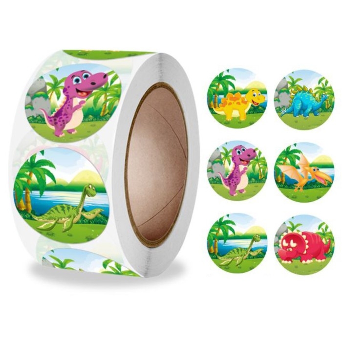 Наклейка бумага Наклейка бумага "Динозавры в джунглях" d=2,5 см 500 шт в рулоне 3х6,5х6,5 см