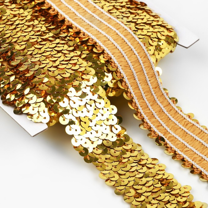 Тесьма декоративная с пайетками, на резинке, 3,5 см, 9 ± 0,5 м, цвет золотой Тесьма декоративная с пайетками, на резинке, 3,5 см, 9 ± 0,5 м, цвет золотой