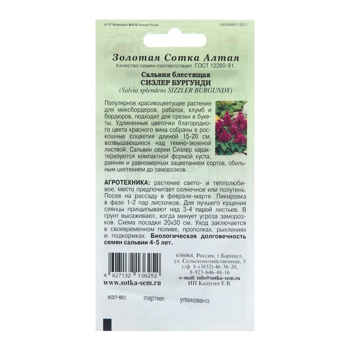 Семена цветов Сальвия  Семена цветов Сальвия "Сизлер Бургунди", 10 шт