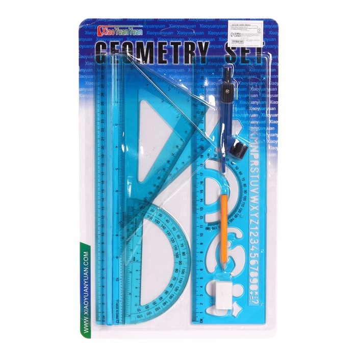 Набор геометрический, чертежный, блистер: линейка 30 см, 2 треугольника, транспортир, ластик, циркуль, линейка с трафаретами, тонированный, МИКС Набор геометрический, чертежный, блистер: линейка 30 см, 2 треугольника, транспортир, ластик, циркуль, линейка с трафаретами, тонированный, МИКС