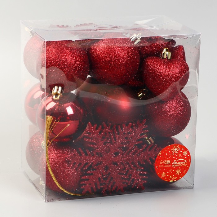 Набор украшений пластик 30 шт Набор украшений пластик 30 шт "Амур" (16 шаров, 6 сердец, 8 снежинок) красный