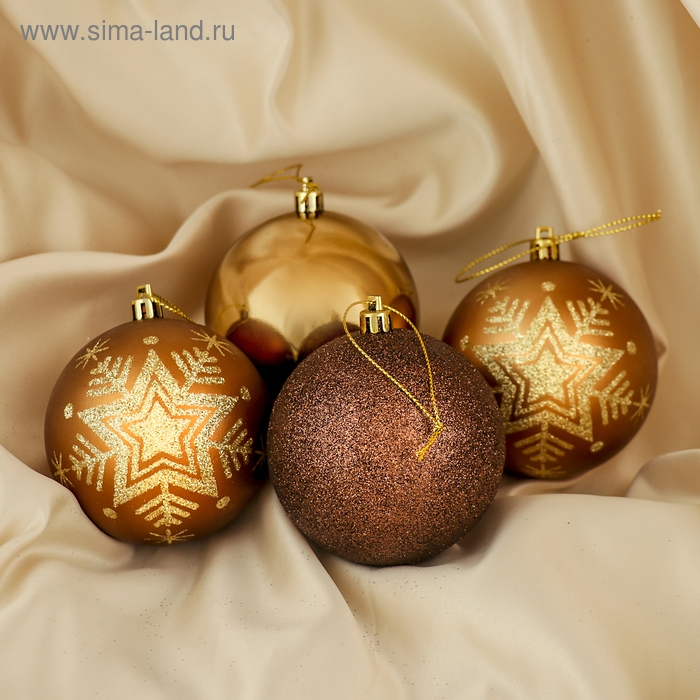 Набор шаров пластик d-8 см, 4 шт Набор шаров пластик d-8 см, 4 шт "Снежинка блеск" кофейный