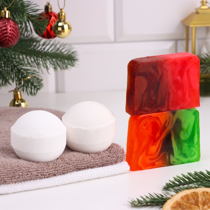 Новый год. Набор 2 бомбочки Новый год. Набор 2 бомбочки "Апельсин, Лаванда" и 2 мыла "Мандарин и хвоя, Глинтвейн"