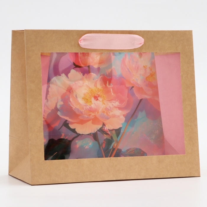 Пакет с PVC окном, Пакет с PVC окном, "Пионы", 24 х 11 х 20 см