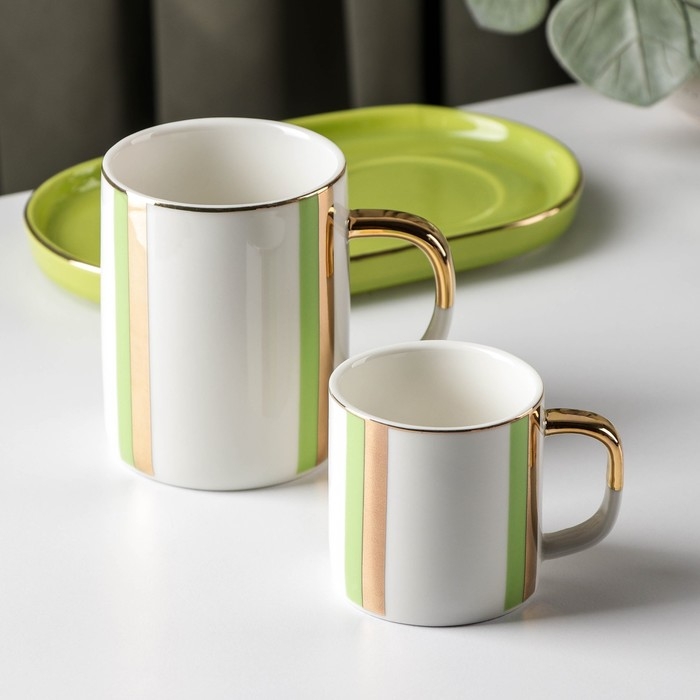 Набор кружек на керамической подставке «Геометрия», 80/200 мл, 2 шт, цвет зелёный