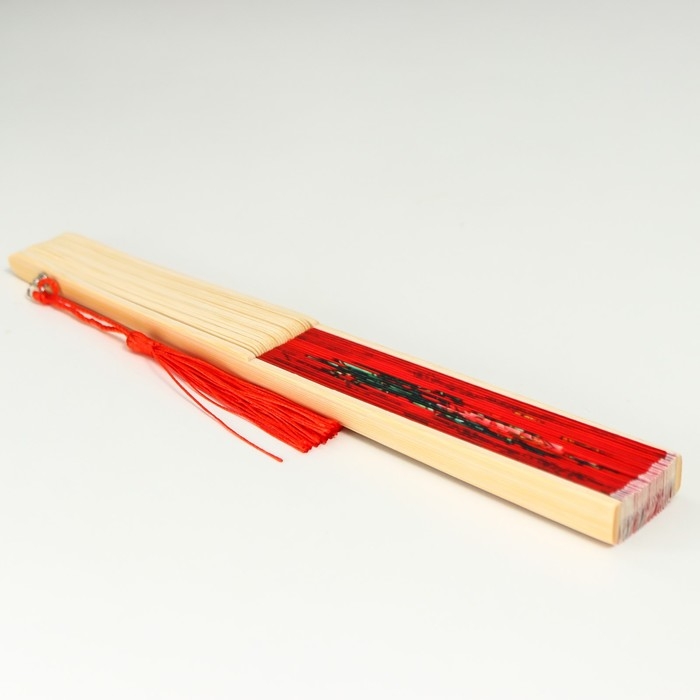 Веер бамбук, текстиль h=23 см  Веер бамбук, текстиль h=23 см "Веточка с розами" красный, с кисточкой