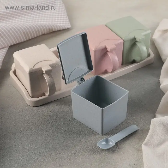 Набор банок для сыпучих продуктов на подставке, 4 шт с ложками, цвет МИКС