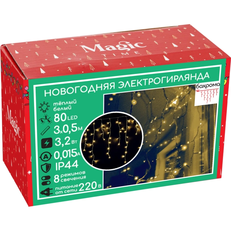 Гирлянда светодиодная 80LED ламп, 300x50 cм,220 B,тепл бел,8реж,IP44,92815