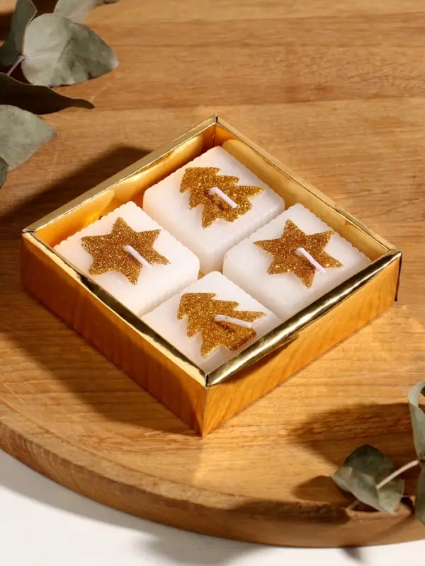 Набор свечей "Марки. Золотые ёлочки и звёзды" 4 шт 10,5х10,5х3 см