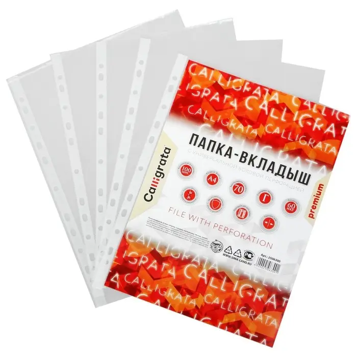 Файл - вкладыш Calligrata, А4, 60 мкм, плотный, глянцевый, вертикальный, 100 штук