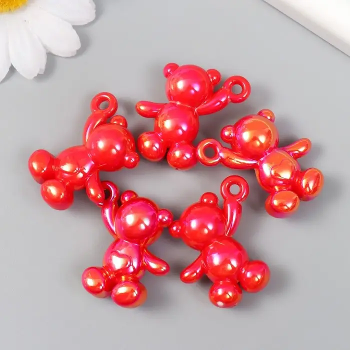 Декор для творчества пластик "Перламутровый мишка с петелькой" красный 3х1,4х3,1 см