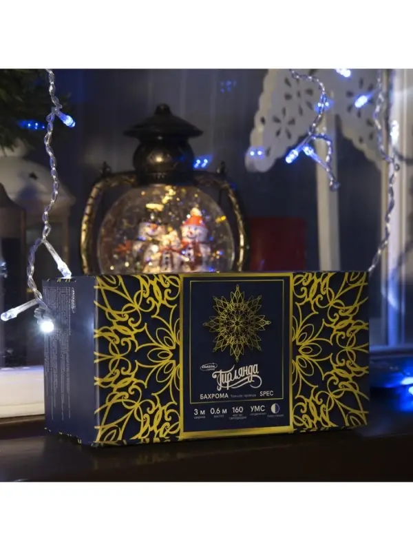 Гирлянда &laquo;Бахрома&raquo; 3&times;0.6 м, IP44, УМС, прозрачная нить, 160 LED, свечение бело-синее, мигание, 220 В