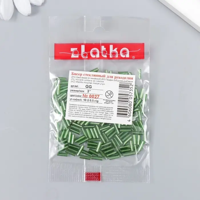 Бисер  Бисер "Zlatka" стеклярус 10 г, размер 3", 6 мм, №0027 зеленый 93"78549