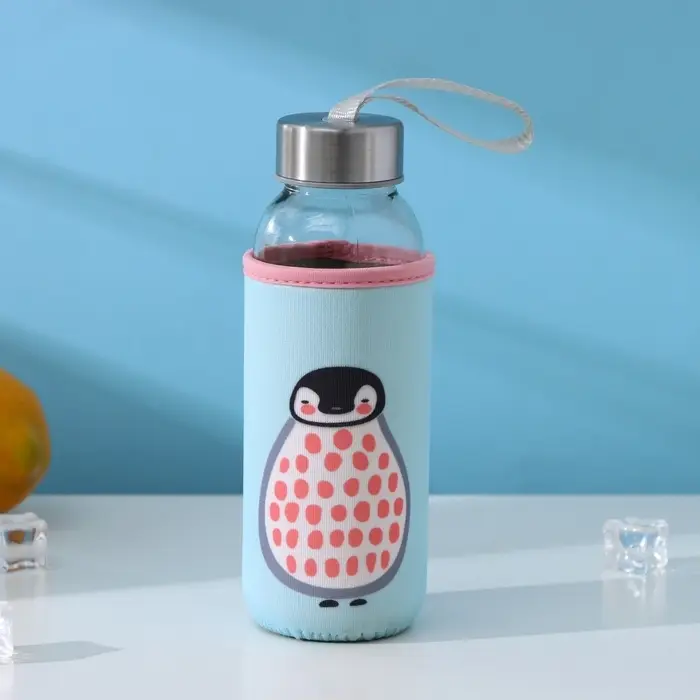 Бутылка для воды &laquo;Весёлые зверята&raquo;, 300 мл, h=17 см, в чехле, стекло, МИКС