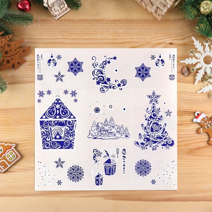 Набор наклеек на окна Набор наклеек на окна "Новогодний" синий цвет, ёлочка, дом, 37 х 37 см