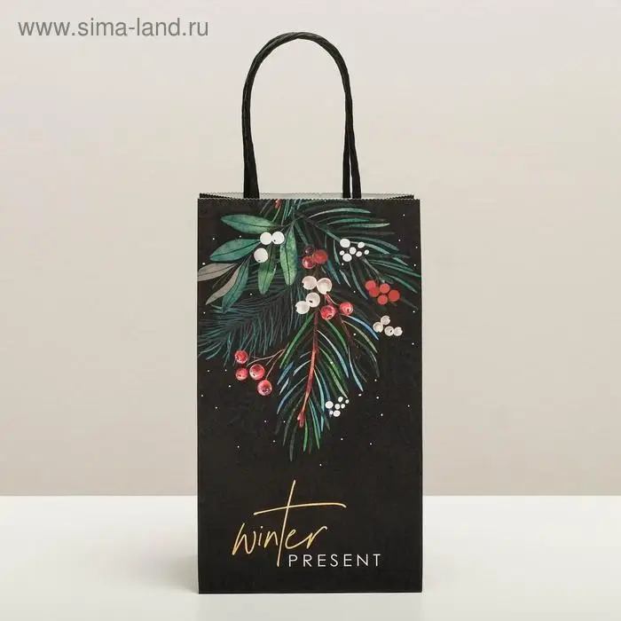 Пакет подарочный новогодний крафтовый &laquo;Еловая веточка&raquo;, 12 х 21 х 9 см