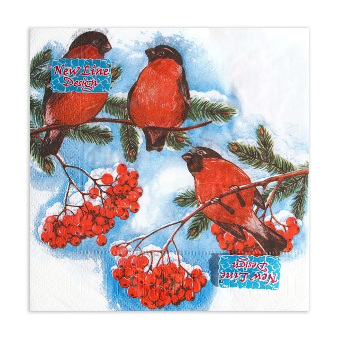 Новый год. Салфетки бумажные New Line Design «Снегири», 33х33 см, 3 слоя