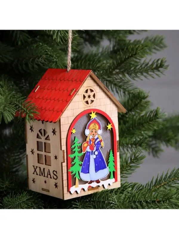 Ёлочная игрушка &laquo;Домик со Снегурочкой&raquo;, 14.5&times;11&times;8.5 см, 1 LED, от батареек, свечение тёплое белое