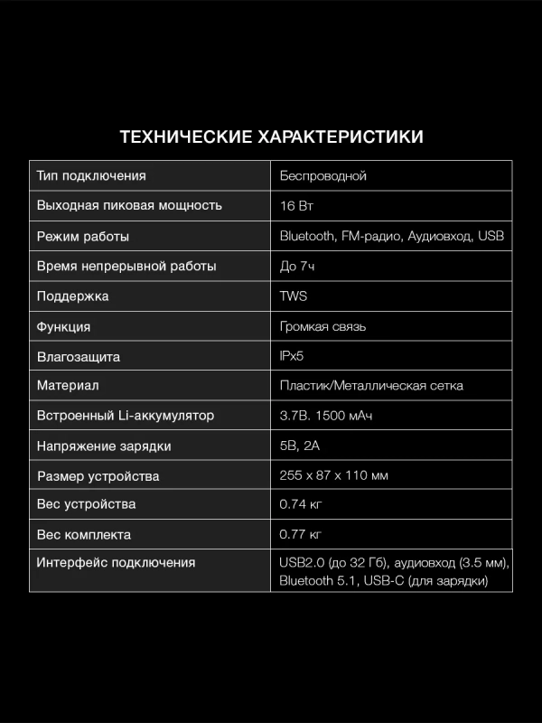Колонка портативная H-PS1020 16Вт Bluetooth 1500mAh