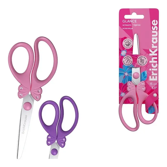 Ножницы детские 15 см, ErichKrause Glance, со стразами, с закруглёнными концами лезвий, МИКС