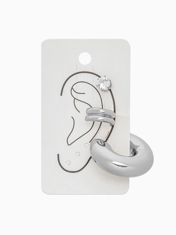 Набор серьги и каффы 3 шт., бублик и стразик, цвет серебро