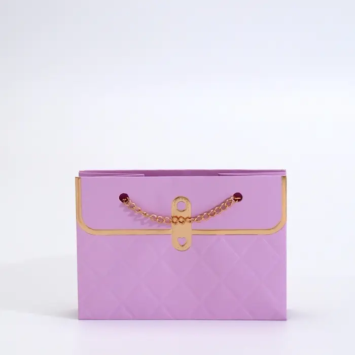 Пакет переноска для цветов, ручка цепь, &laquo;Сиреневый&raquo;, с золотым тиснением, 15&times;10.5&times;10 см