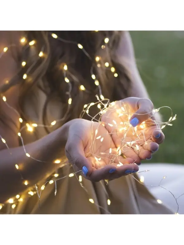 Гирлянда &laquo;Мишура&raquo; 2 м, роса, IP20, серебристая нить, 50 LED, от батареек CR2032&times;2, свечение тёплое белое