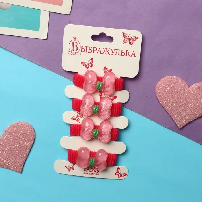 Резинка для волос  Резинка для волос "Лоррет" (набор 4 шт) бантик штрих, тёмно-розовый