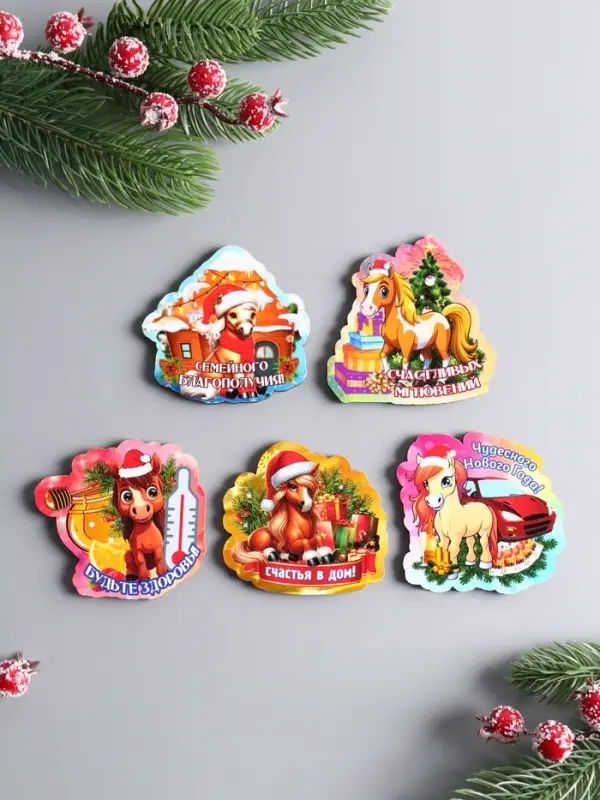 Набор магнитов новогодних «Новый год - 4», 5 шт., размер магнита 7 см