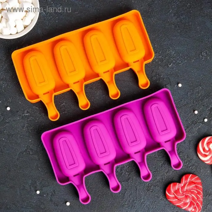 Форма для мороженого Доляна &laquo;Эскимо малое&raquo;, силикон, 21.5&times;12.5&times;2 см, 4 ячейки (6.9&times;3.8 см), МИКС