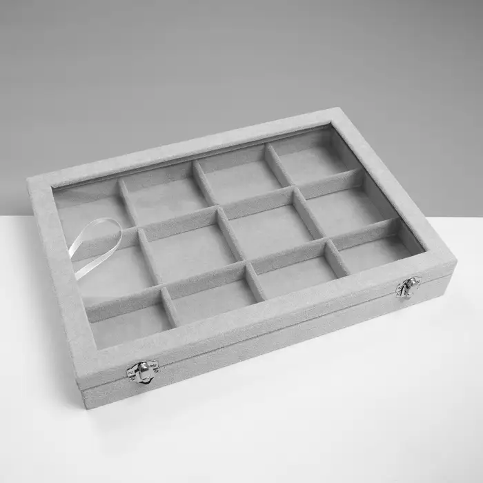 Шкатулка для украшений 12 ячеек, 35&times;24&times;4.5, стеклянная крышка, серая