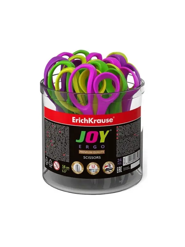 Ножницы детские 14 см, ErichKrause Joy Ergo, в стакане, с закруглёнными концами лезвий и линейкой, МИКС