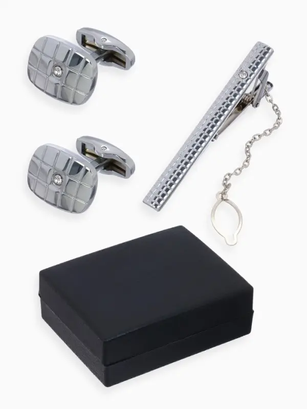 Набор мужской стальной &laquo;Запонки + Зажим для галстука&raquo;, клетки, белый в серебре