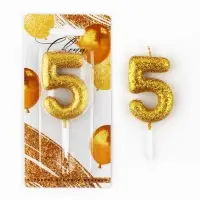 Свеча для торта, цифра, блестящая «5», золото, 9,5 х 4 см