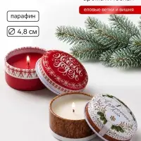 Свечи новогодние, в железной банке, набор 2 шт., еловые ветки и вишня, d=4.8 см