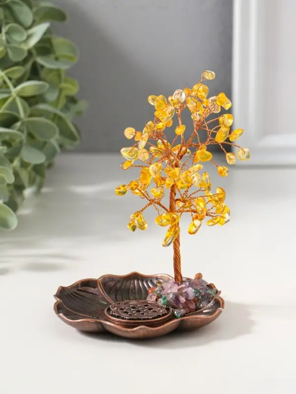 Подставка под благовония "Дерево на цветке" жёлтый 72 камня 9х9х13,5 см