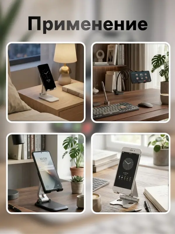 Подставка для телефона, регулятор наклона, разъём для провода, металлическая, чёрная