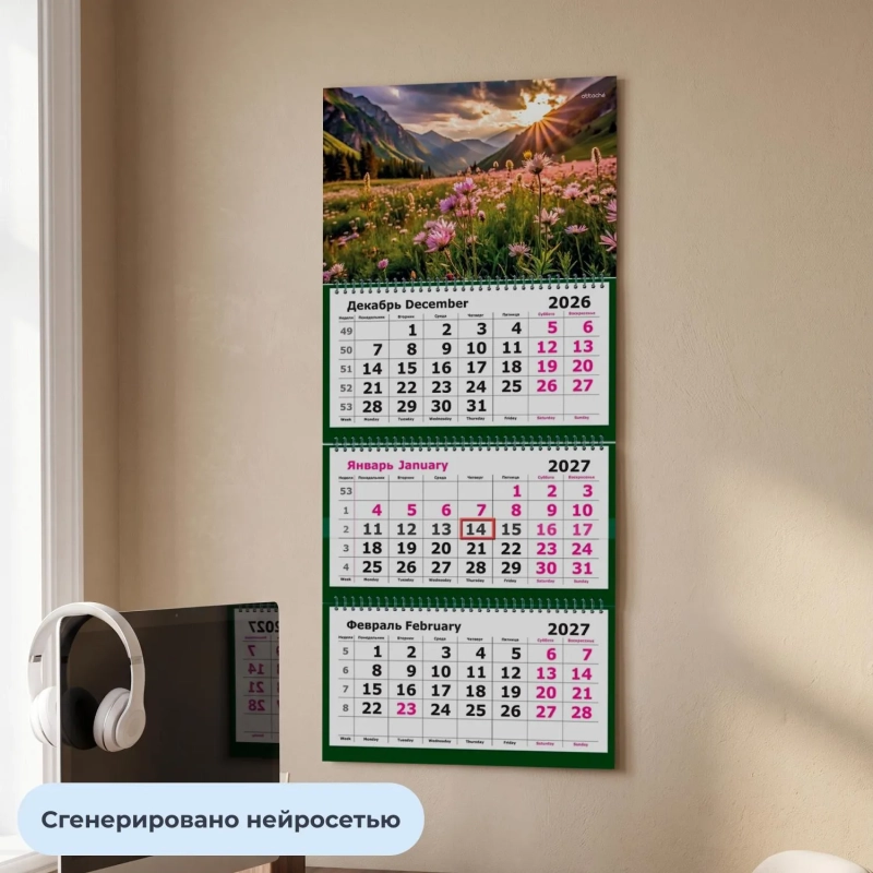 Календарь настенный 3-х блочный 2027 Attache Лето в горах 305х675мм