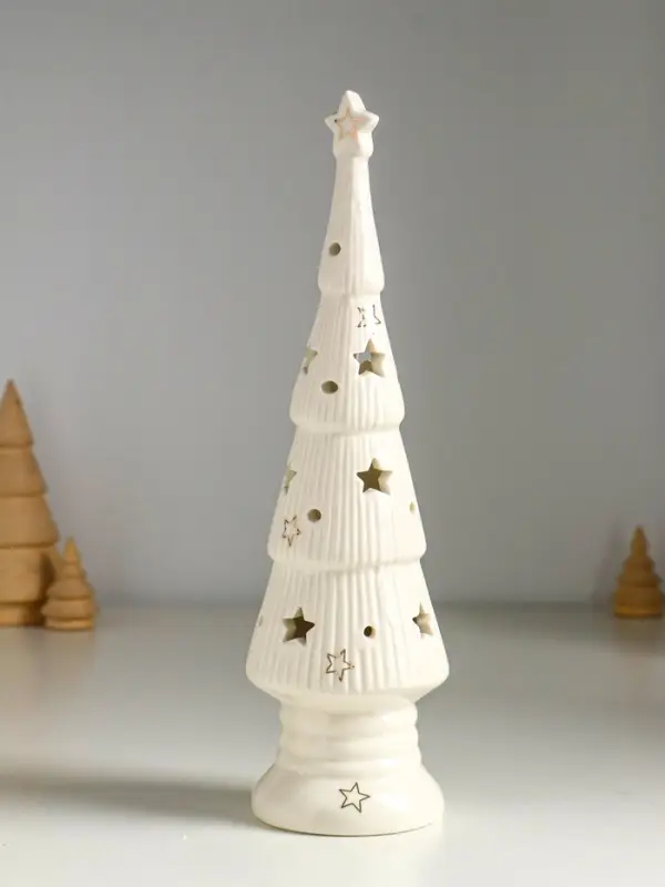 Сувенир керамика свет "Ёлочка со звёздами" белый с золотом 7х7х24 см