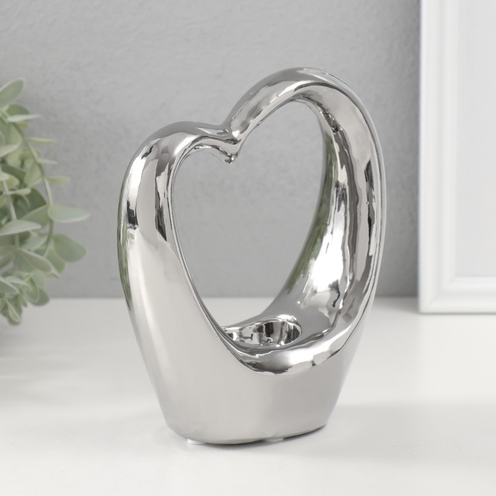 Подсвечник керамика на 1 свечу  Подсвечник керамика на 1 свечу "Сердце" d=4 см серебро 14,5х6х17 см