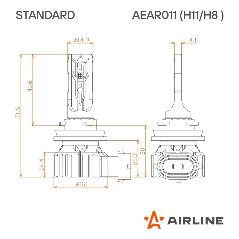 Лампа светодиод. H11/H8 STANDARD, 17Вт, 4000Лм (2000Лм x 2), 6000К, 12В, кмпл. 2 шт.