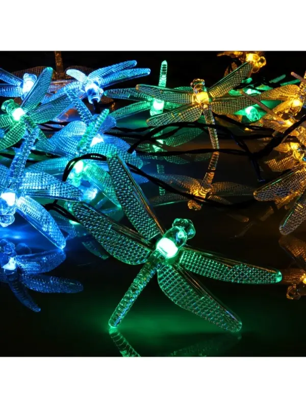 Гирлянда &laquo;Нить&raquo;, 4.5 м, уличная, с насадками &laquo;Стрекоза&raquo;, IP44, 30 LED, 2 режима, солнечная батарея, тёмная нить, свечение зелёное/аквамарин/жёлтое