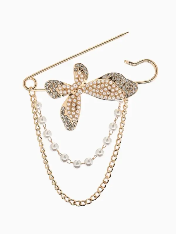 Булавка &laquo;Бабочка&raquo; в стразах, цепочка, жемчуг, L=7.5 см, цвет белый в золоте
