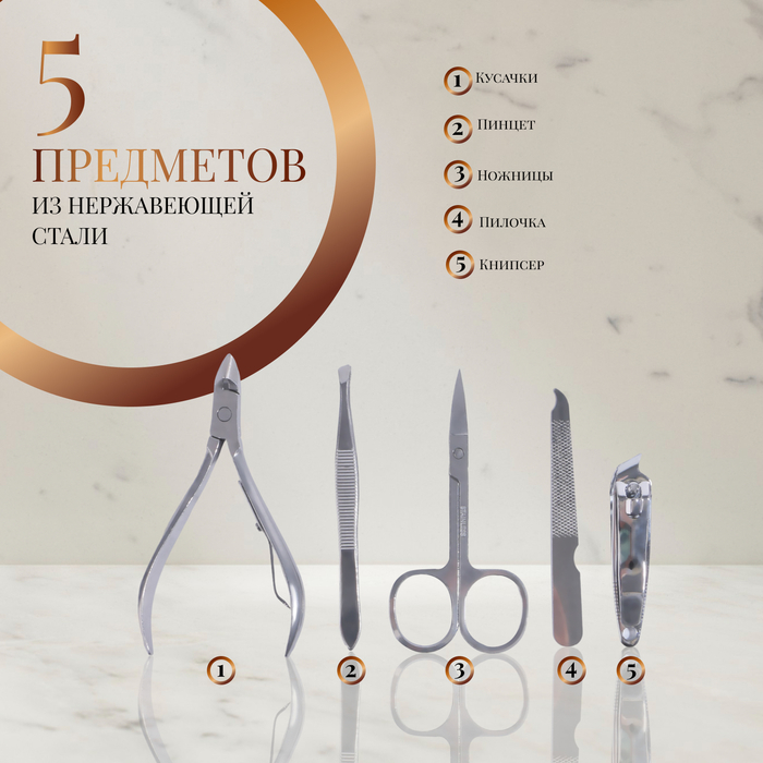 Набор маникюрный, 5 предметов, в футляре, цвет коричневый Набор маникюрный, 5 предметов, в футляре, цвет коричневый