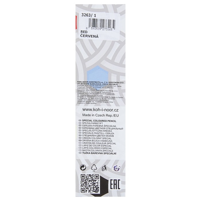 Карандаш незаточенный 4.3 мм, Koh-I-Noor 3263/1 по стеклу, металлу, пластику, красный, L=175 мм Карандаш незаточенный 4.3 мм, Koh-I-Noor 3263/1 по стеклу, металлу, пластику, красный, L=175 мм