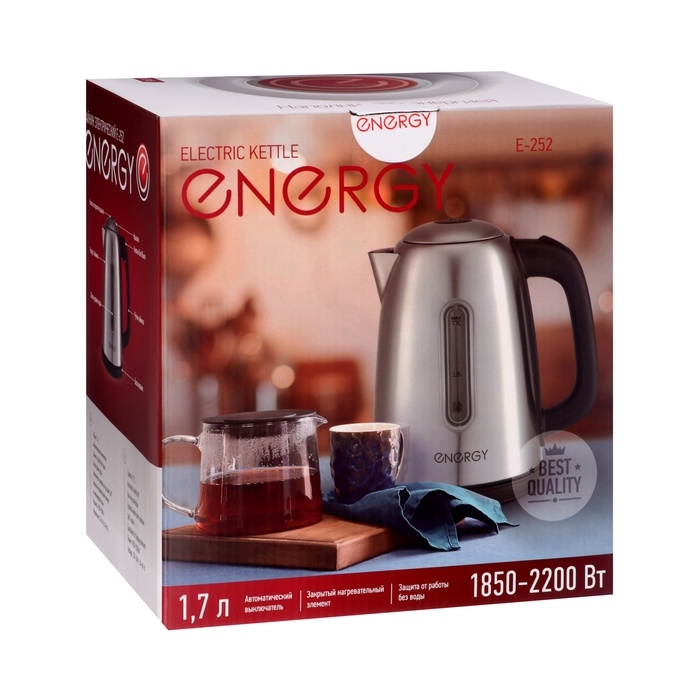 Чайник электрический Energy E-252, металл, 1.7 л, 2200 Вт, серебристый Чайник электрический Energy E-252, металл, 1.7 л, 2200 Вт, серебристый