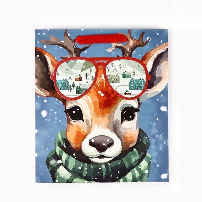 Пакет подарочный новогодний ламинированный «Оленёнок», конгрев, M 30 х 26 х 9 см, Новый год