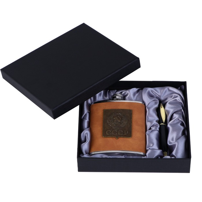 Подарочный набор 2 в 1 Подарочный набор 2 в 1 "СССР": фляжка 210 мл, ручка, коричневый, 14 х 18 см